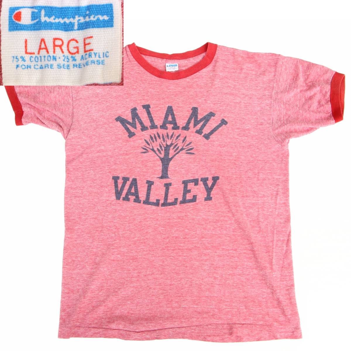 (09161)70s vintage Champion チャンピオンMADE IN USA染み込みプリントTシャツL (ヴィンテージ バータグ赤杢レッド霜降りピンク染込み)拍卖