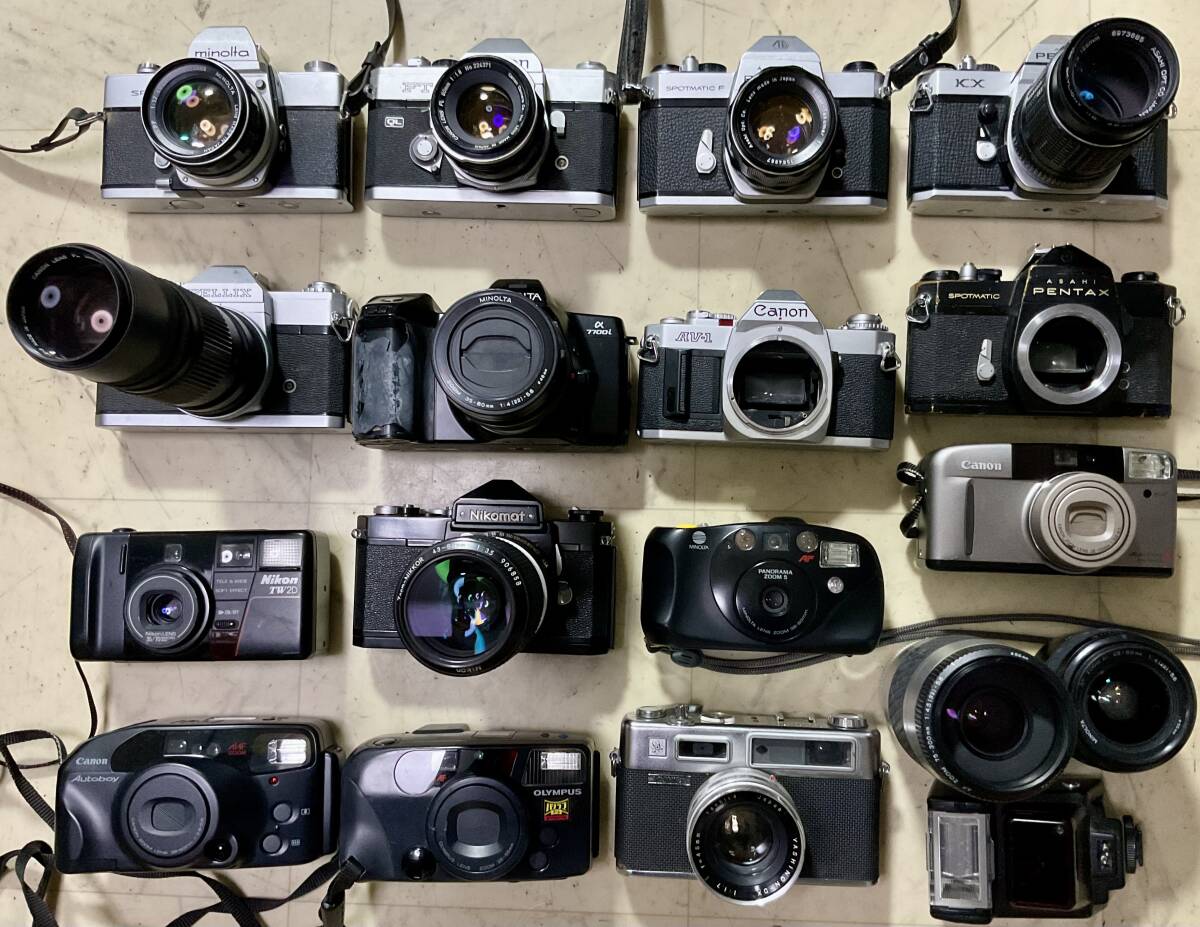 ニコン、キヤノン、ミノルタ、ペンタックスなど15台、交換レンズ9 本のフィルムカメラ、ジャンク品扱い拍卖