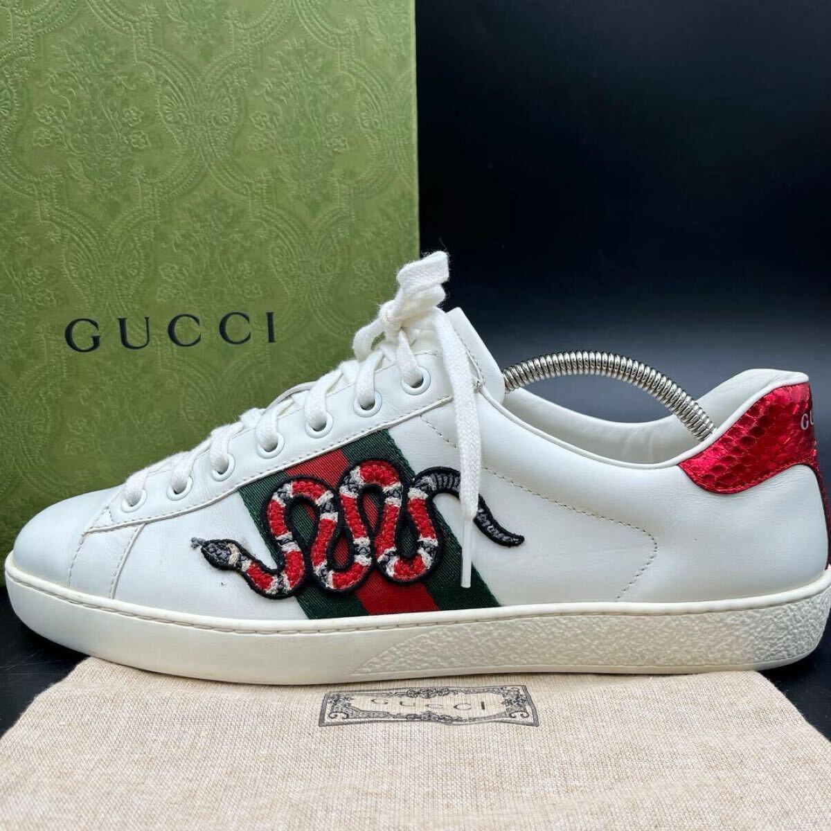 1円 【美品】 GUCCI グッチ エース エンブロイダリー スネーク刺繍 シェリーライン レザー メンズ スニーカー シューズ 靴 ホワイト 26cm拍卖