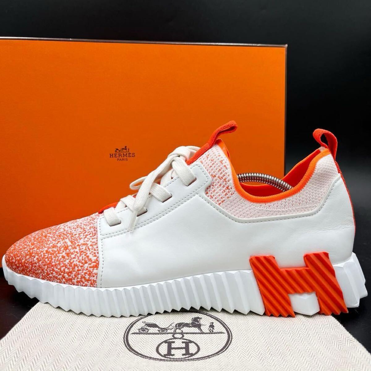 1円 【未使用級】 HERMES エルメス デパール Hロゴ ニット ファブリック オレンジ ホワイト メンズ スニーカー 靴 シューズ 27cm相当拍卖