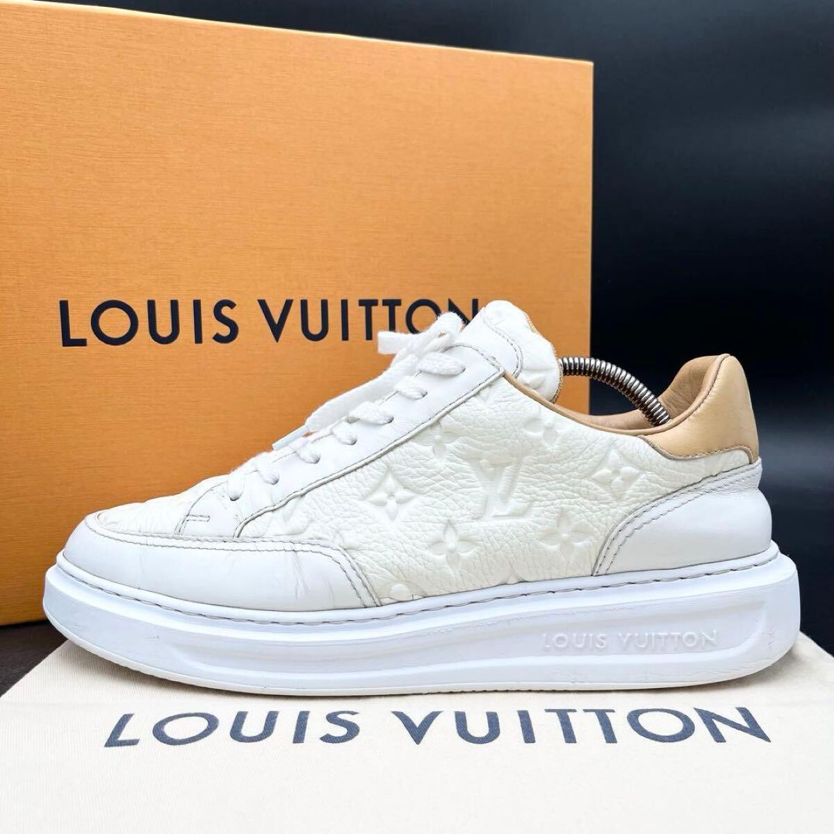 1円 【美品】 LOUIS VUITTON ルイヴィトン ビバリーヒルズ モノグラム エンボス レザー キャメル メンズ スニーカー 靴 シューズ 26cm相当拍卖
