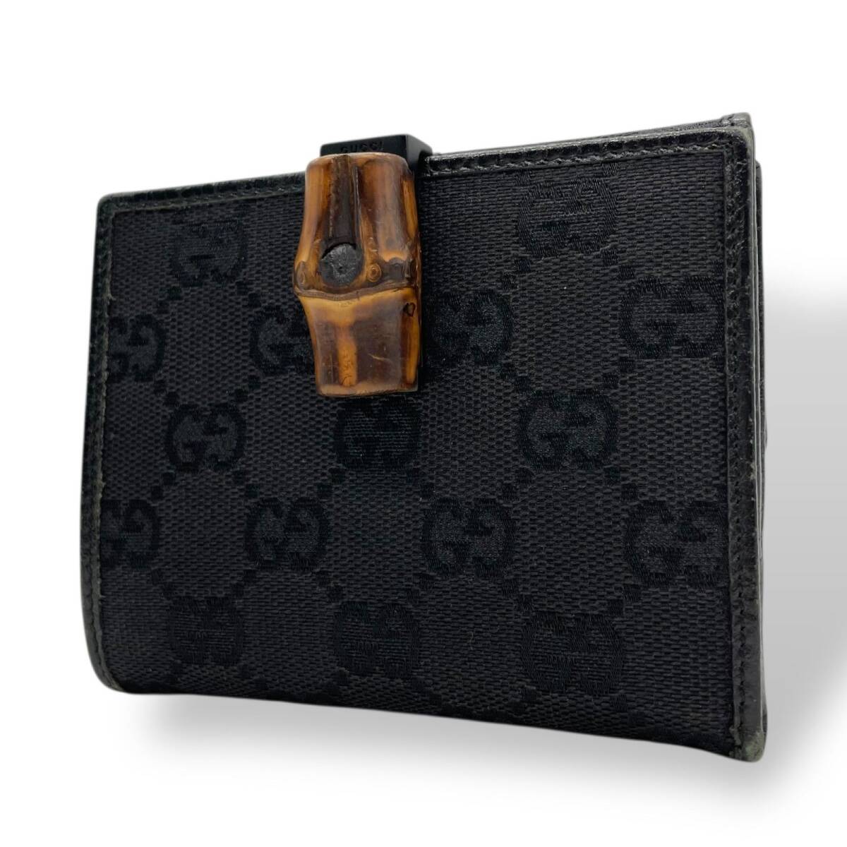 GUCCI グッチ GGキャンバス バンブー 三つ折り財布 二つ折り財布 黒 ブラック レザー コンパクトウォレット GG柄 ミニ財布 レディース W4拍卖
