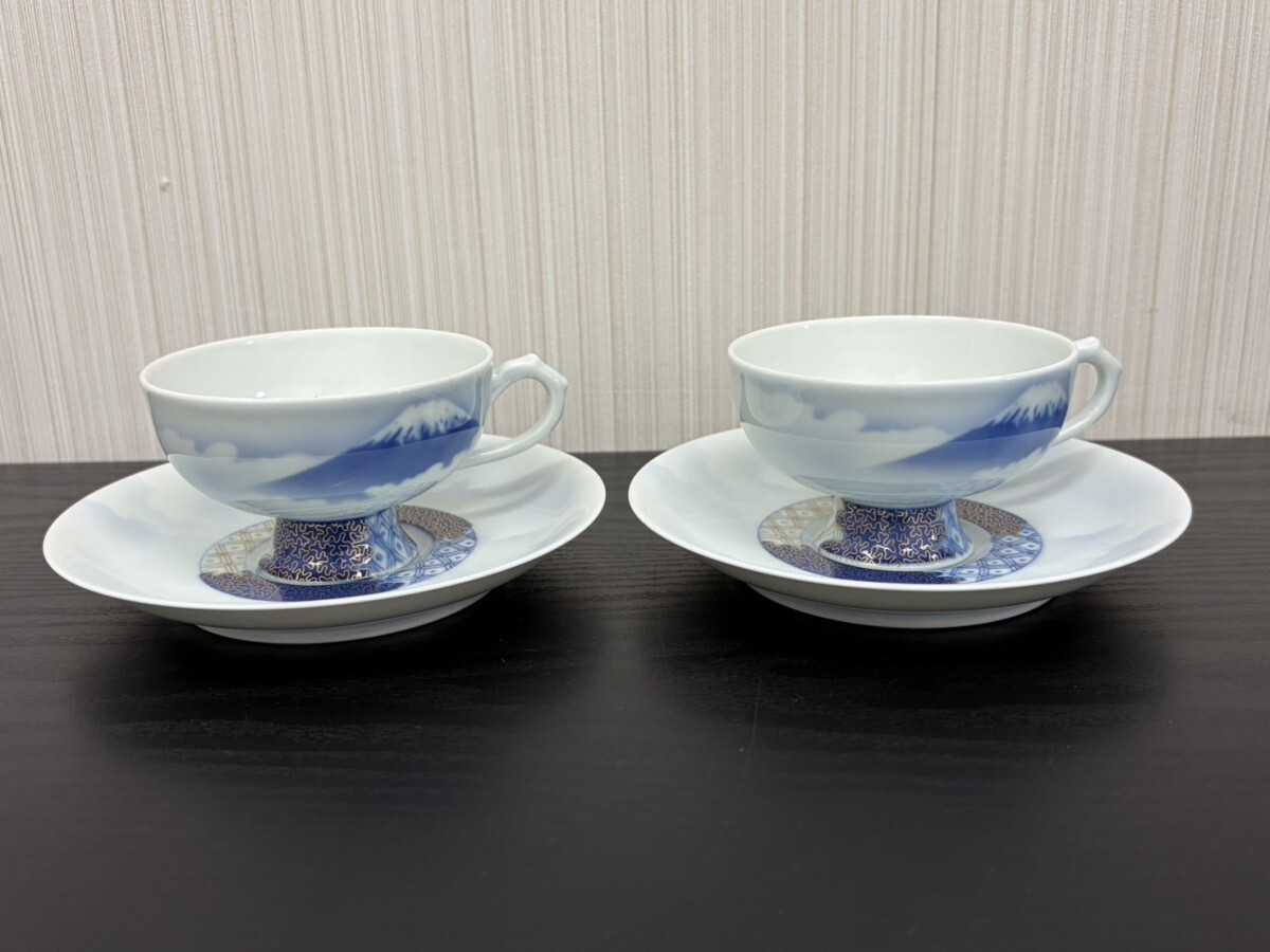 美品 A3 深川製 深川製磁 富士山 高台 カップ&ソーサー 2客 金彩 茶器 煎茶器 珈琲 コーヒー 現状品拍卖