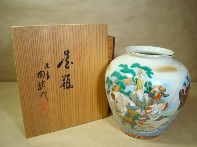 九谷焼★九谷 陶勝★花瓶★金襴手 七福神★H22.5cm★共箱入り未使用品拍卖