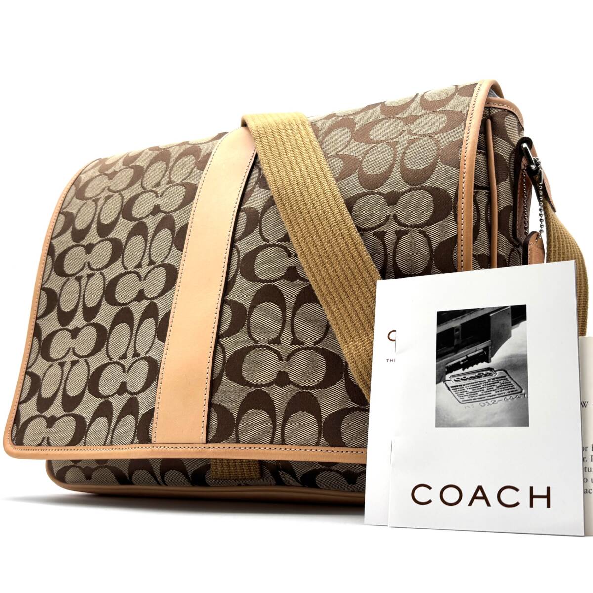 1円 未使用に近い COACH コーチ ショルダーバッグ メッセンジャーバッグ シグネチャー ビジネス フラップ A4 多収納 大容量 ベージュ拍卖