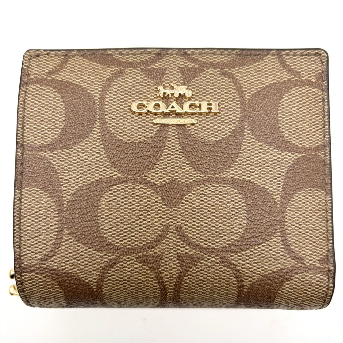 【COACH】コーチ ◆ スナップ ウォレット ・シグネチャー キャンバス C3309 二つ折り財布 カーキ ブラウン レディース YS260527-005B拍卖