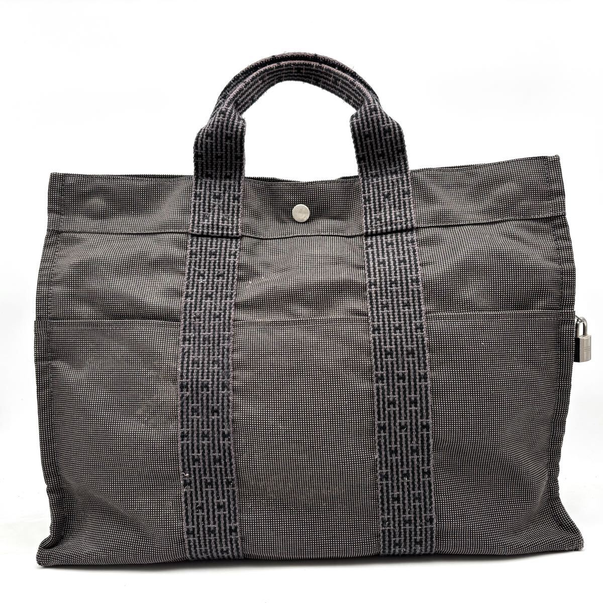 【HERMES】エルメス ◆ エールラインMM トートバッグ Hロゴ ストライプ グレー キャンバス シルバー金具 K140 TA260604-011拍卖