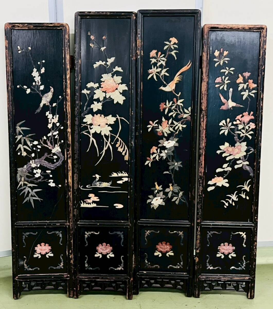【時代物】黒漆塗 石材象嵌 四曲屏風 花鳥図 山水画 高蒔絵風装飾 衝立 パーテーション アンティーク 骨董 古民家 茶道具 古美術 中国 古玩拍卖