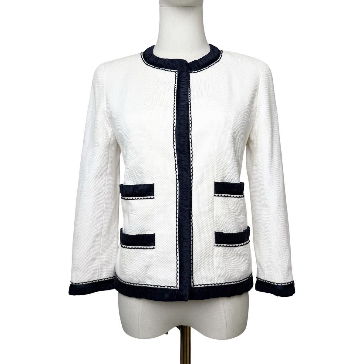 CHANEL Vintage ノーカラージャケット バイカラー ホワイト/ネイビー ココボタン フリルトリム シャネル ヴィンテージ チェーン拍卖