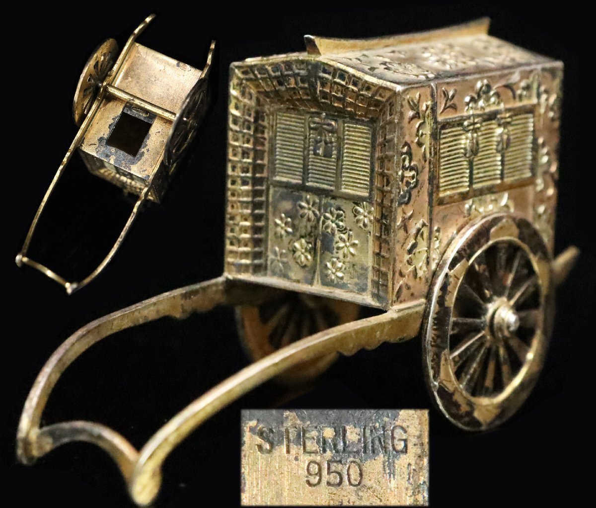 【ASAHI】銀製「御所車」置物 STERLING 950 刻印有 スターリング シルバー アンティークG94①.d@拍卖