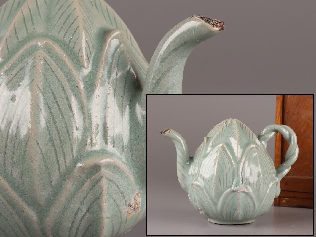 古美術 朝鮮古陶磁器 高麗青磁 蓮花形 捻持手 水注 時代物 極上品 初だし品 D8836拍卖