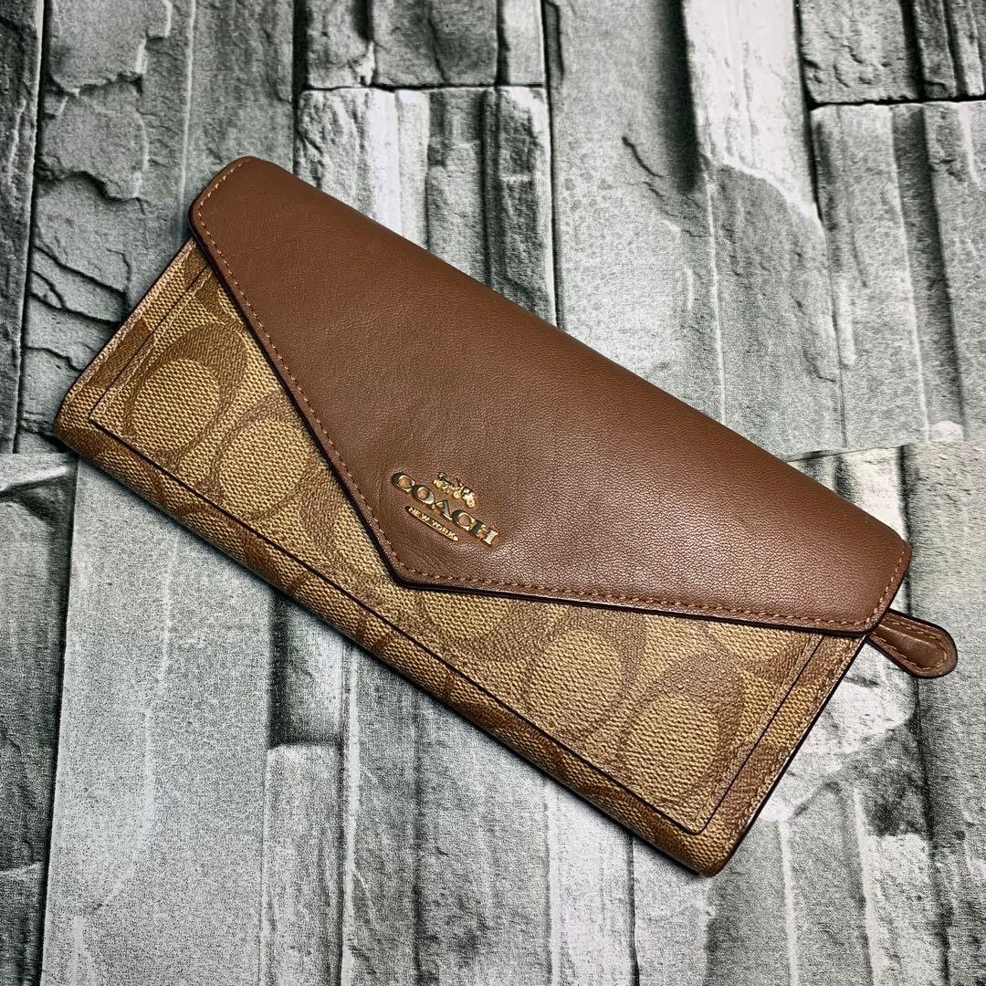 美品 COACH コーチ 長財布 外側コインケース シグネチャー柄 ブラウン拍卖