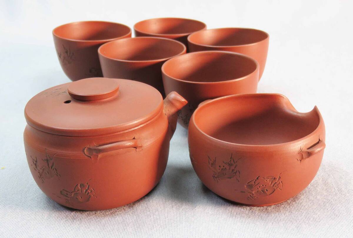 朱泥煎茶器*5人前*蟹彫り*清水 石仙造り 拍卖