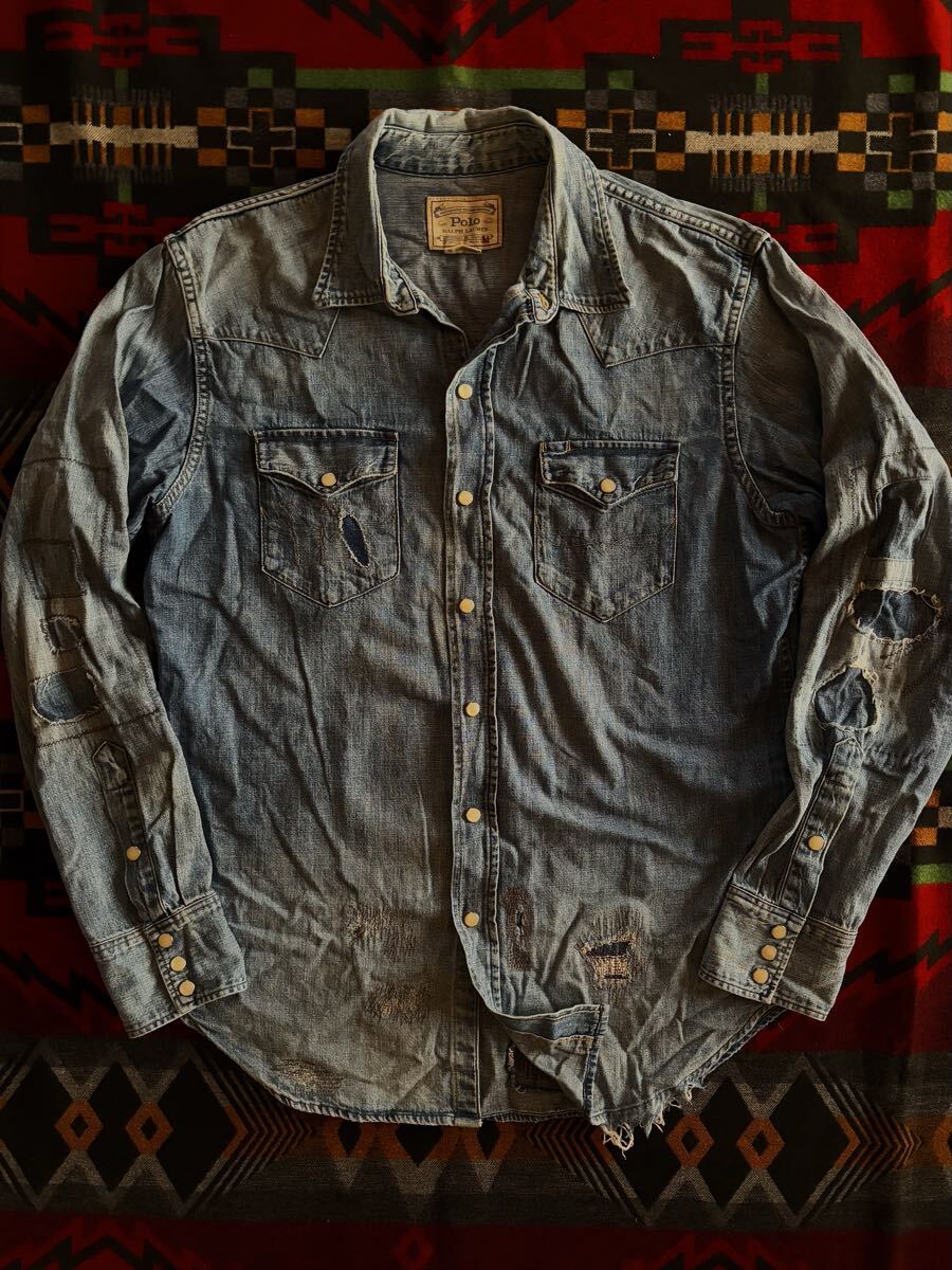 傑作 POLO Ralph Lauren REPAIRED DENIM WESTERN SHIRTS “M” デニムウエスタンシャツ (ビンテージ RRL拍卖