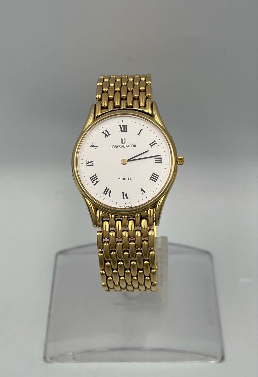 KH4689A619 UNIVERSAL GENEVE ユニバーサル・ジュネーブ 腕時計 白文字盤 ゴールド クォーツ 裏蓋外れ 不動品 メンズ ジャンク 現状品拍卖