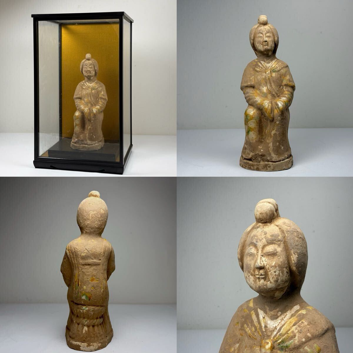 XMF-中国古美術 時代物 彩陶 三彩 人物 人形 置物 ガラスケース付 唐物 陶磁器 中国古玩 古董拍卖