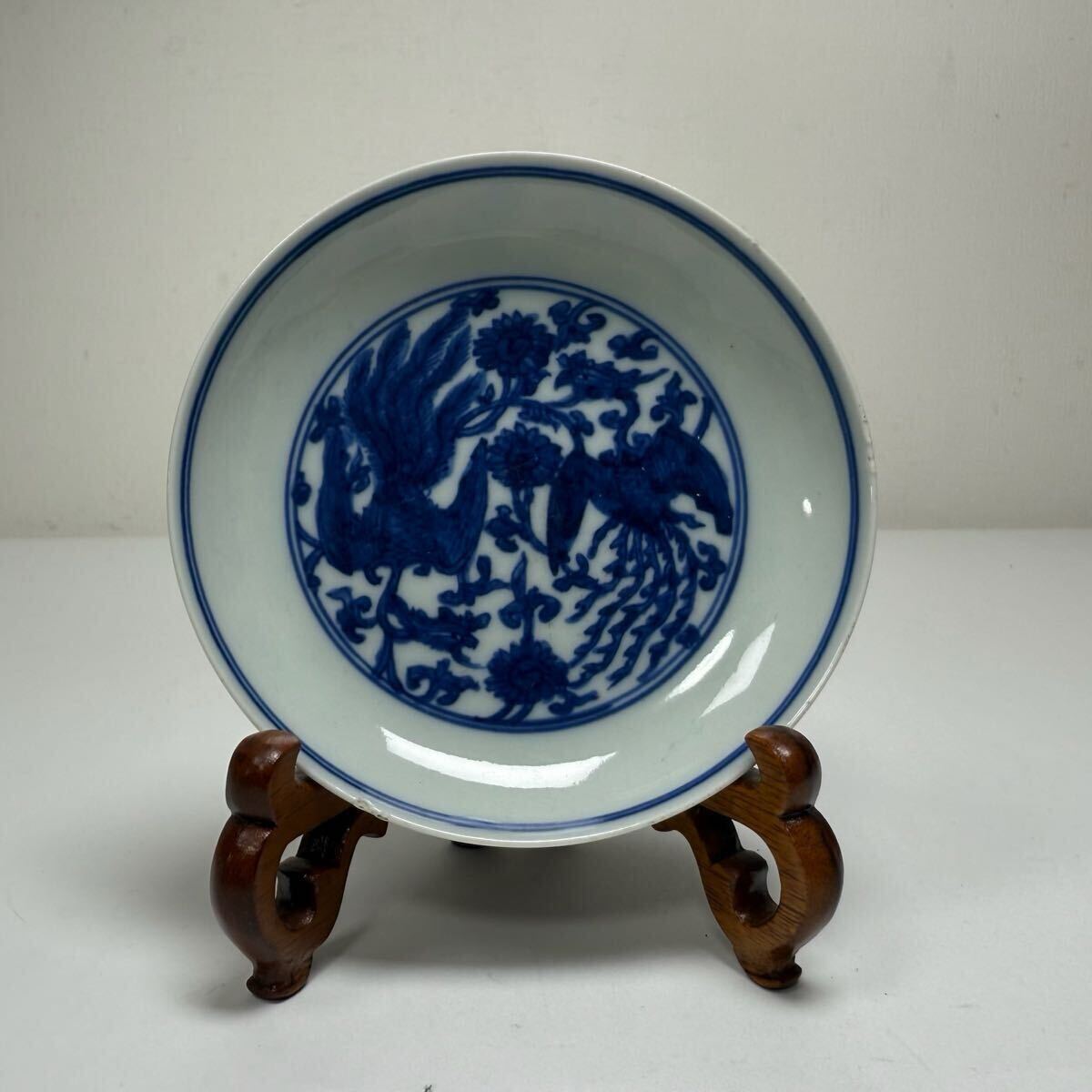 2603075-2-中国古美術 時代物 染付 皿 小皿 飾皿 鳳凰図 在銘 唐物 陶磁器 中国古玩 古董拍卖