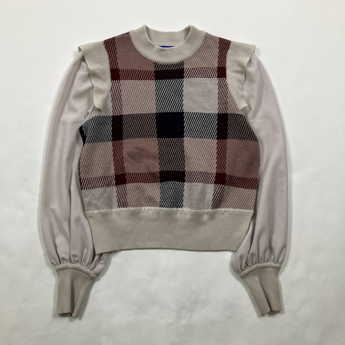 ★ BLUE LABEL CRESTBRIDGE ブルーレーベル クレストブリッジ ブラウス ニット チェック フリル ガーリー ベージュ 38 レディース 0.24kg拍卖