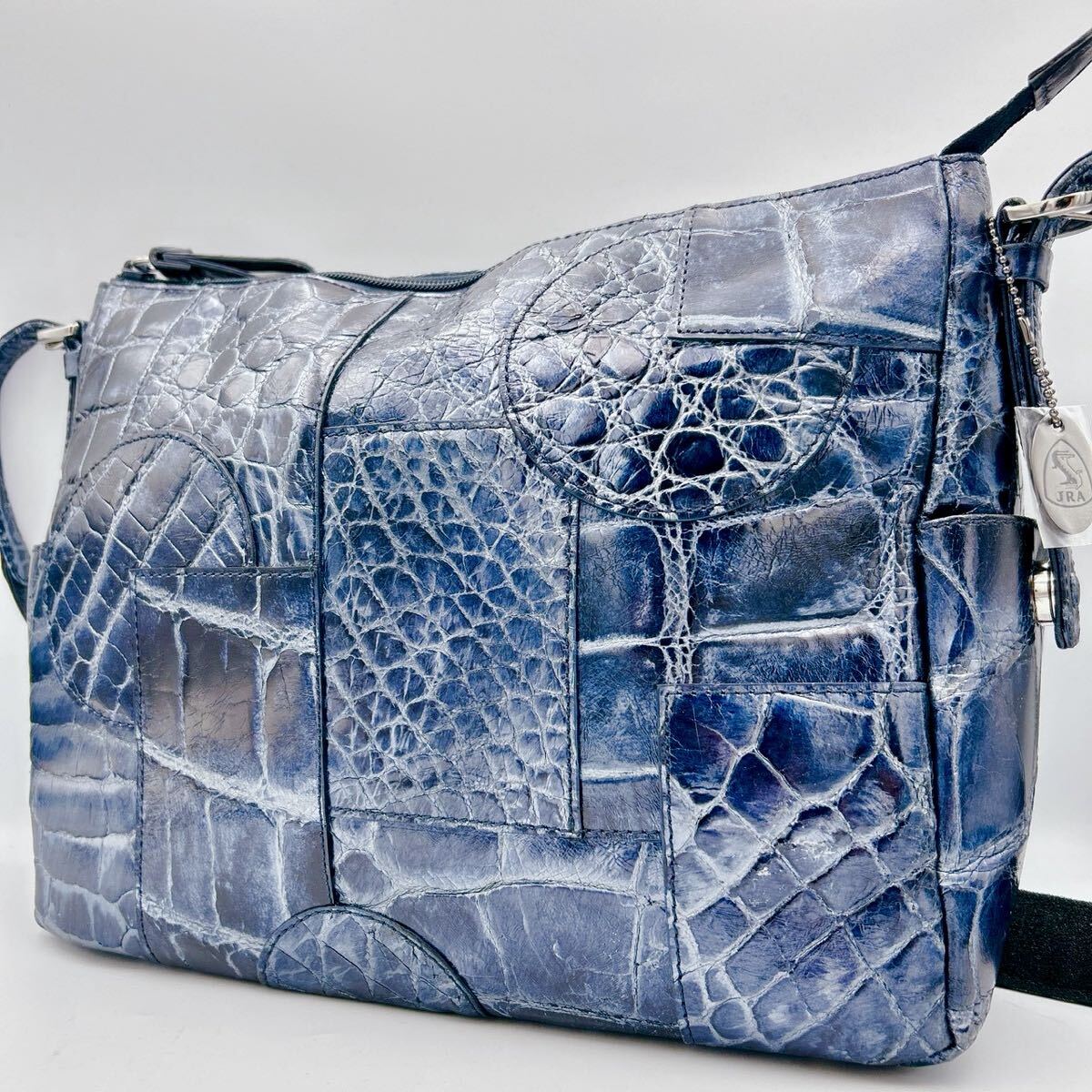 定価68万!!!希少デニムクロコ!!!【JRA認定】パッチワークサコッシュ◎ ブルー ショルダーバッグ メンズ クロコダイル 鰐革 メッセンジャー拍卖