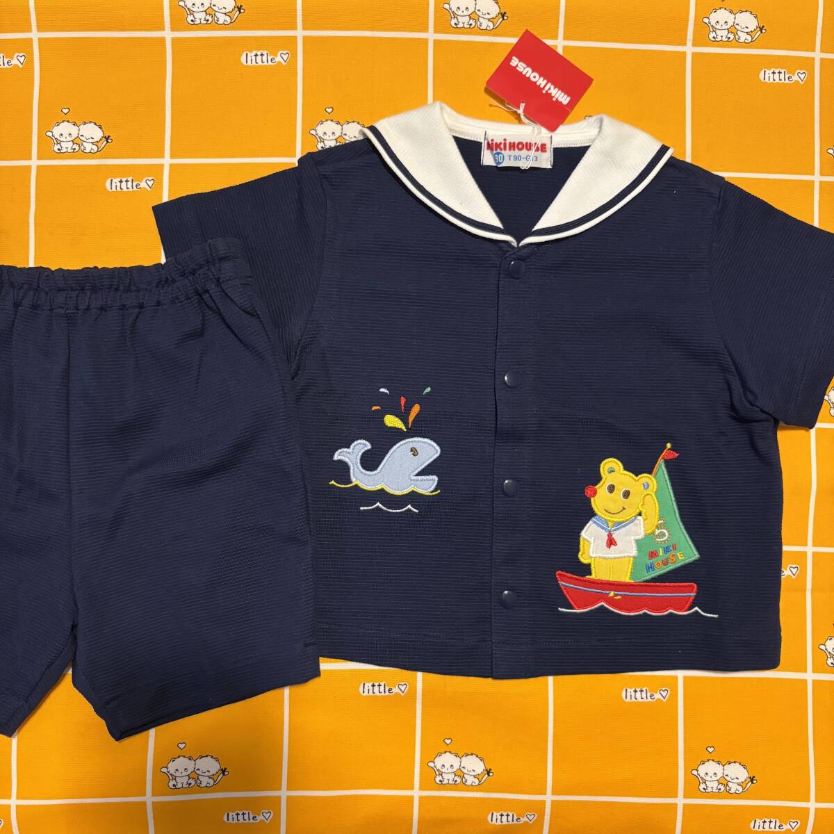ちょっとレトロ 新品 ミキハウス セーラー 90サイズ 半袖ジャケット&ショートパンツ 上下セット マリン くま クジラ 拍卖