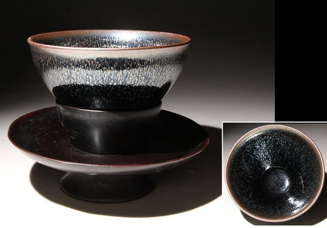 ☆百合☆銀覆輪天目茶碗 台座付 直径約12.5cm (検)窯変釉 茶碗 茶道具 茶器 唐物 中国美術 古玩 骨董品拍卖