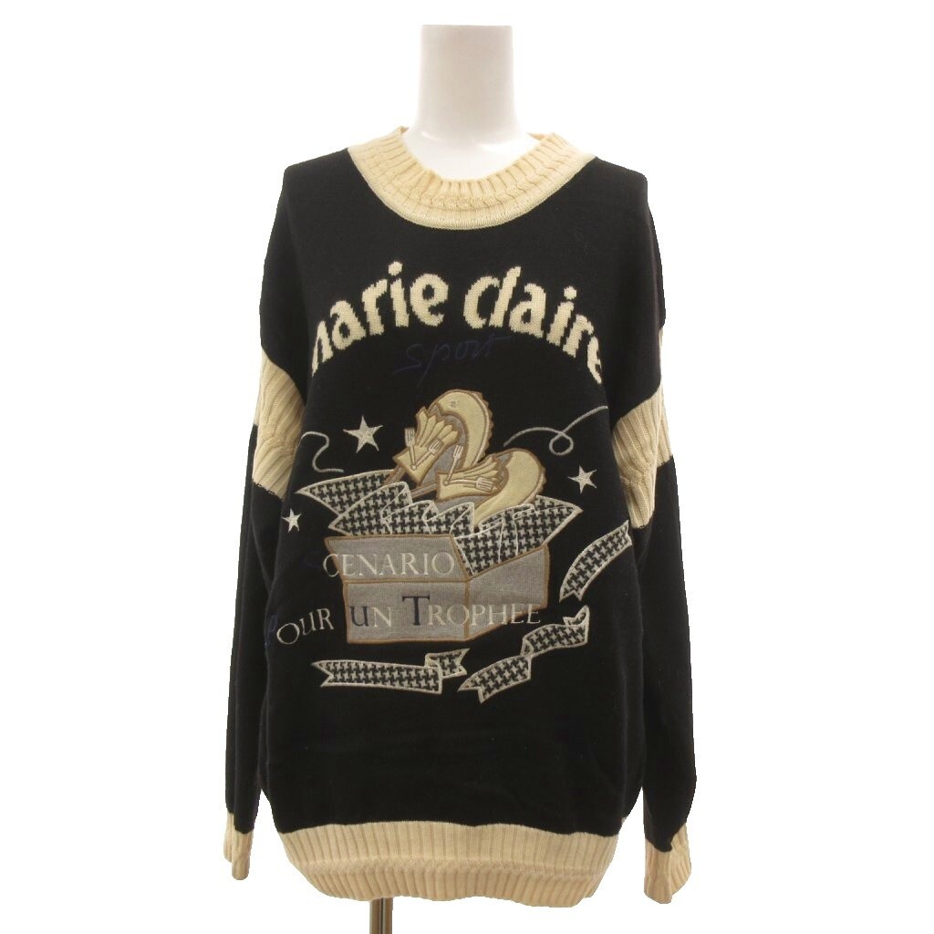マリクレール MARIE CLAIRE ニット セーター L 黒 ブラック アイボリー クルーネック 長袖 刺繍 ウール /SD ■ECF005 レディース拍卖