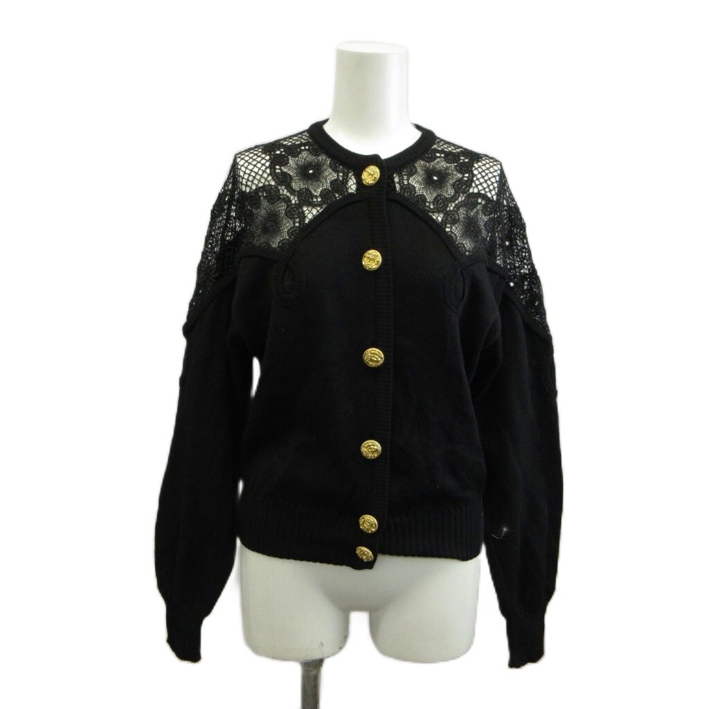 ジャンニヴェルサーチ GIANNI VERSACE カーディガン ニット ウール 長袖 レース 切り替え メデューサ 金ボタン 42/11 L 黒拍卖