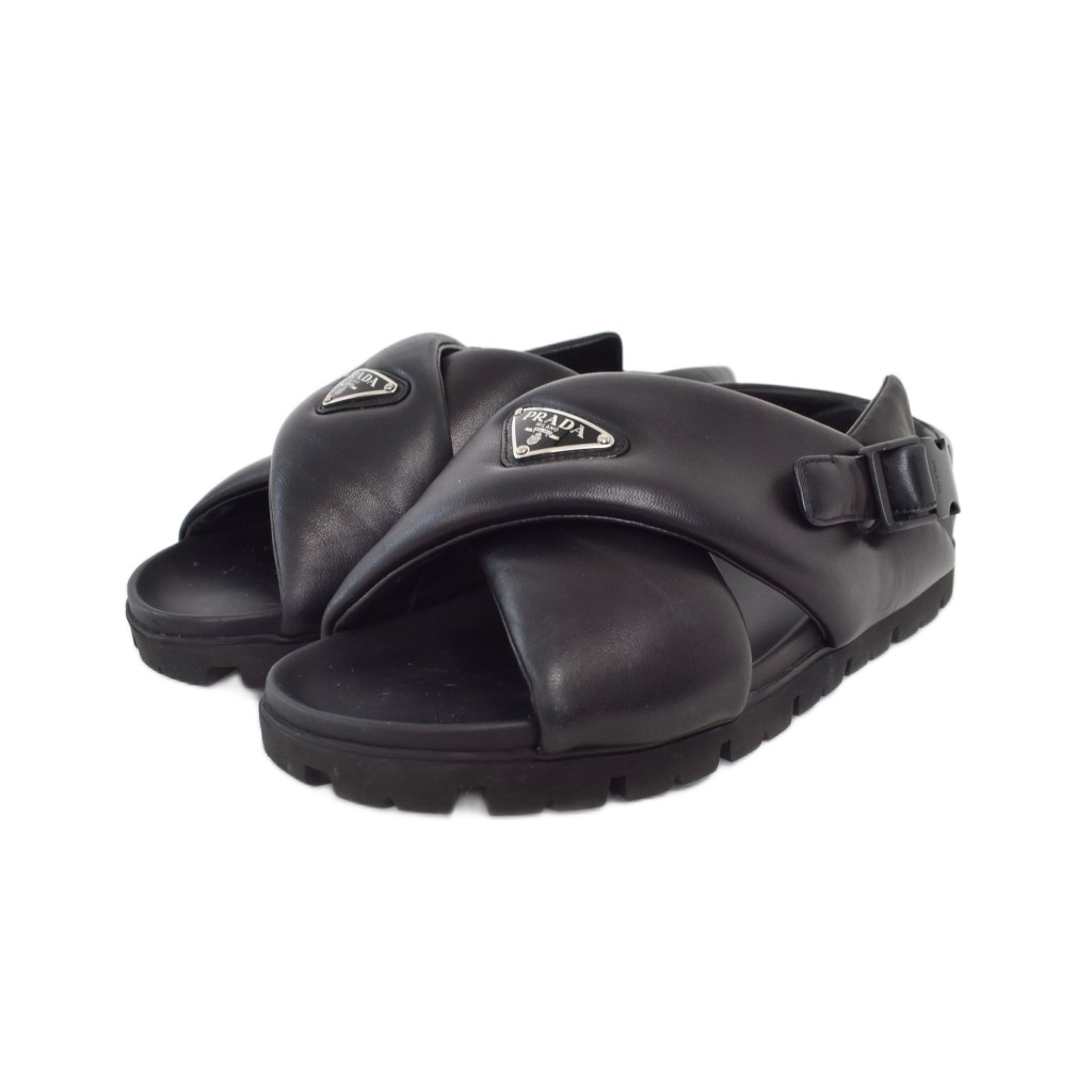 プラダ PRADA モノリス トライアングルロゴ パテッドナッパレザー クリスクロス シューズ サンダル 7 黒 ブラック 2X3089 メンズ拍卖