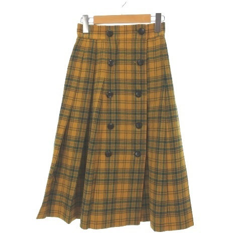 イヴサンローラン YVES SAINT LAURENT 前ボタン チェック プリーツ ラップ スカート ひざ丈 S ウール マスタード レディース拍卖