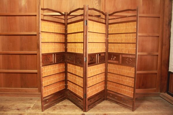 【蔵出し】★アンティーク 家具『古い透かし彫りと簾の衝立』幅約186㎝ 高さ約121㎝★検:(初だし/ビンテージ/古民家/当時物)80617I拍卖