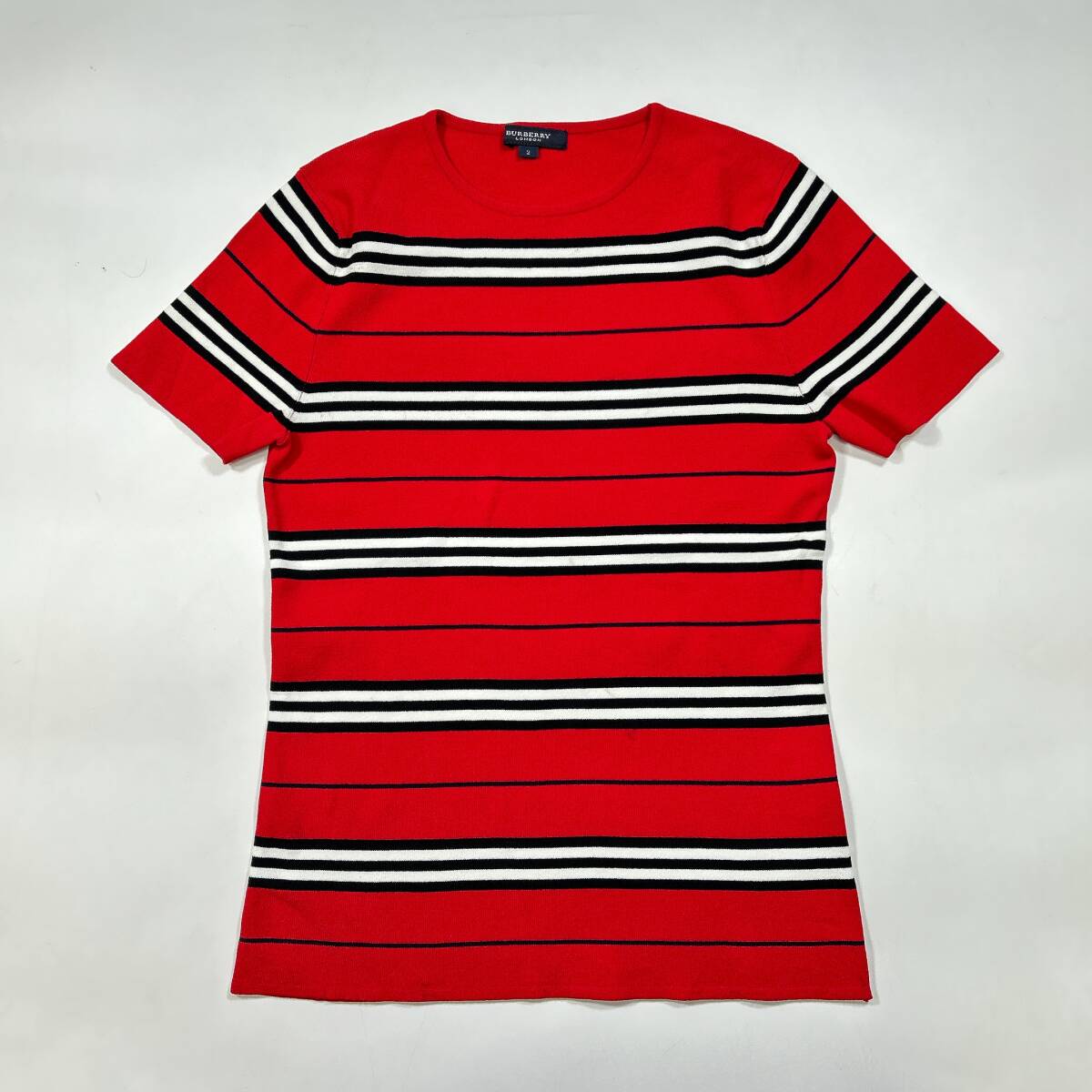 BURBERRY LONDON バーバリーロンドン 半袖 ニット ボーダー 赤 2 M相当 ストレッチ トップス 三陽商会 人気 高級 春夏〇568y拍卖