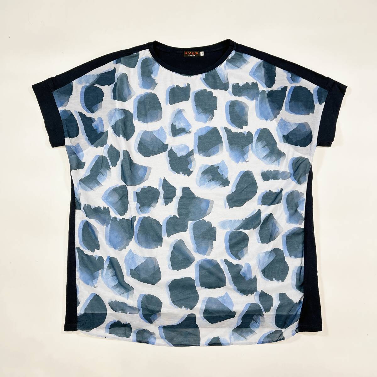 EVEX by KRIZIA エヴェックスバイクリツィア ヒョウ柄 半袖 カットソー Tシャツ 紺系 44 3L 大きいサイズ 異素材 ゆったり 三陽商会〇861y拍卖