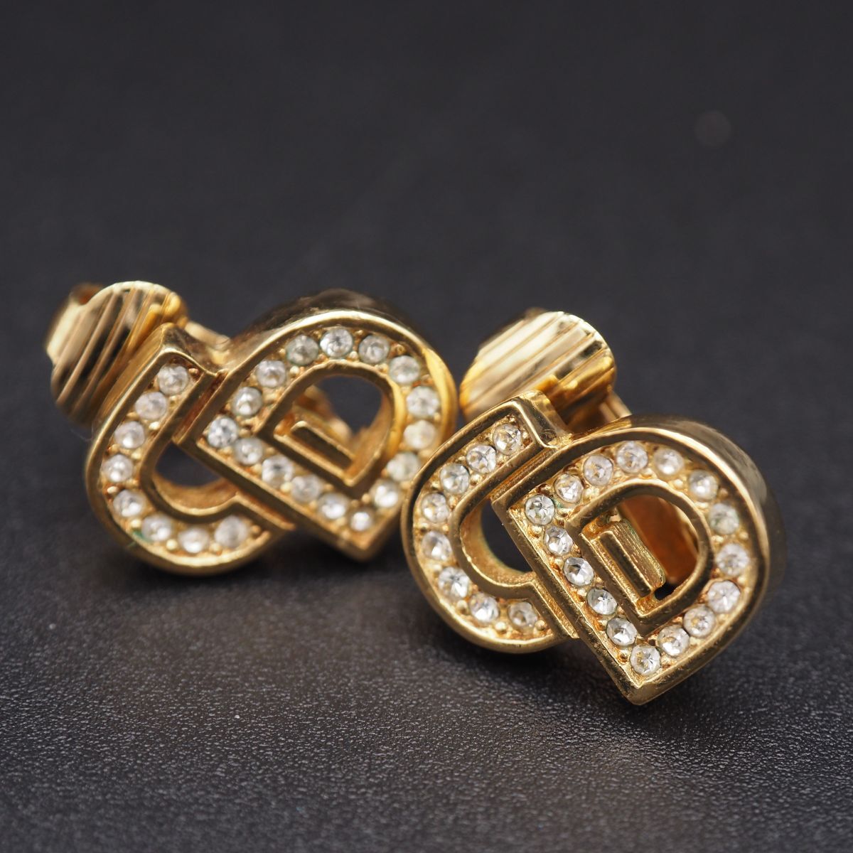 Y166 1円 クリスチャン ディオール Christian Dior GERMANY刻印 CD ロゴ ラインストーン ゴールドカラー デザイン イヤリング拍卖