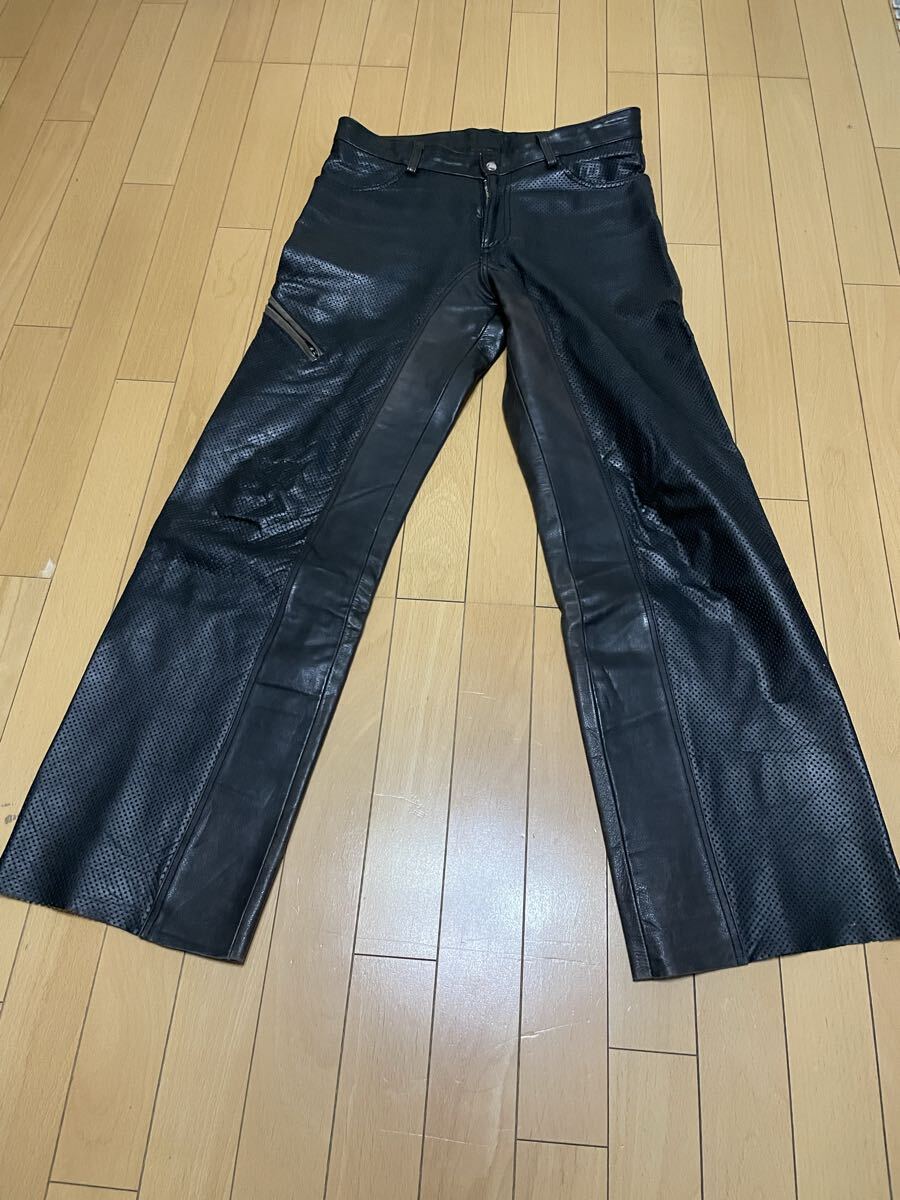 希少 degner デグナー パンチングレザー パンツ ヒートガード 牛革 W34 XL相当 ブラック/ブラウン 本革 レザーパンツ ハーレーなど拍卖