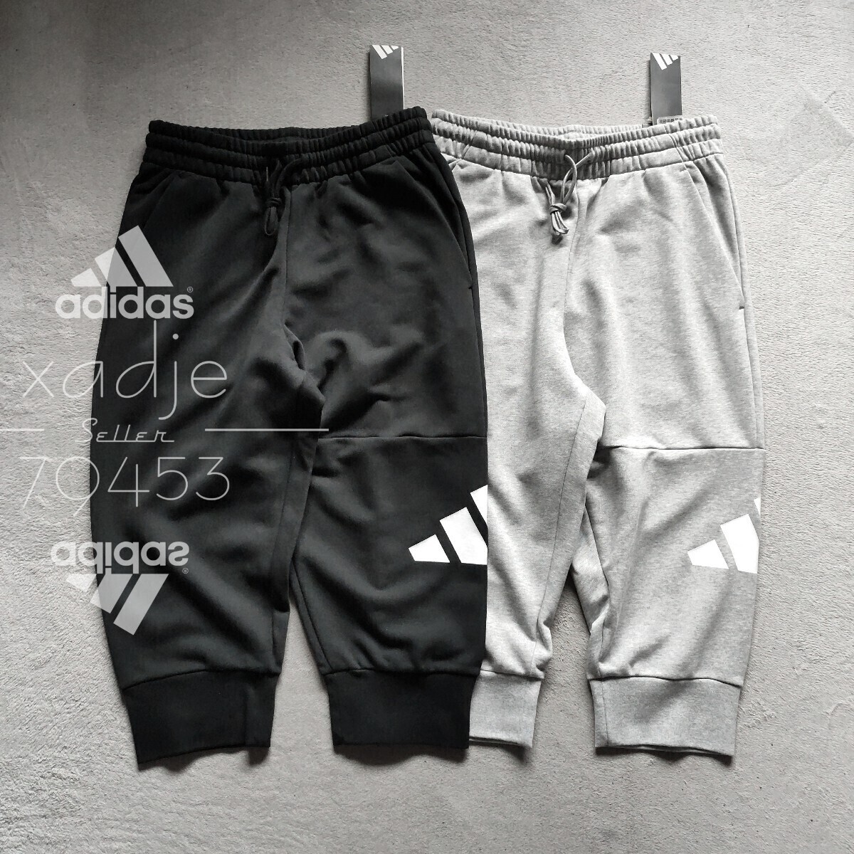 新品 正規品 adidas アディダス 7分丈 クロップド パンツ 2点セット 黒 ブラック 灰 グレー 白 テーパード 定価9900円 薄手 XL拍卖