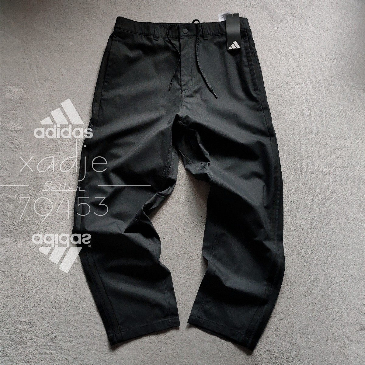 新品 正規品 adidas アディダス ライト ストレッチ デニム パンツ 黒 ブラック (黒の三本ライン) テーパード 定価9900円 ロゴ刺繍 薄手 2XL拍卖