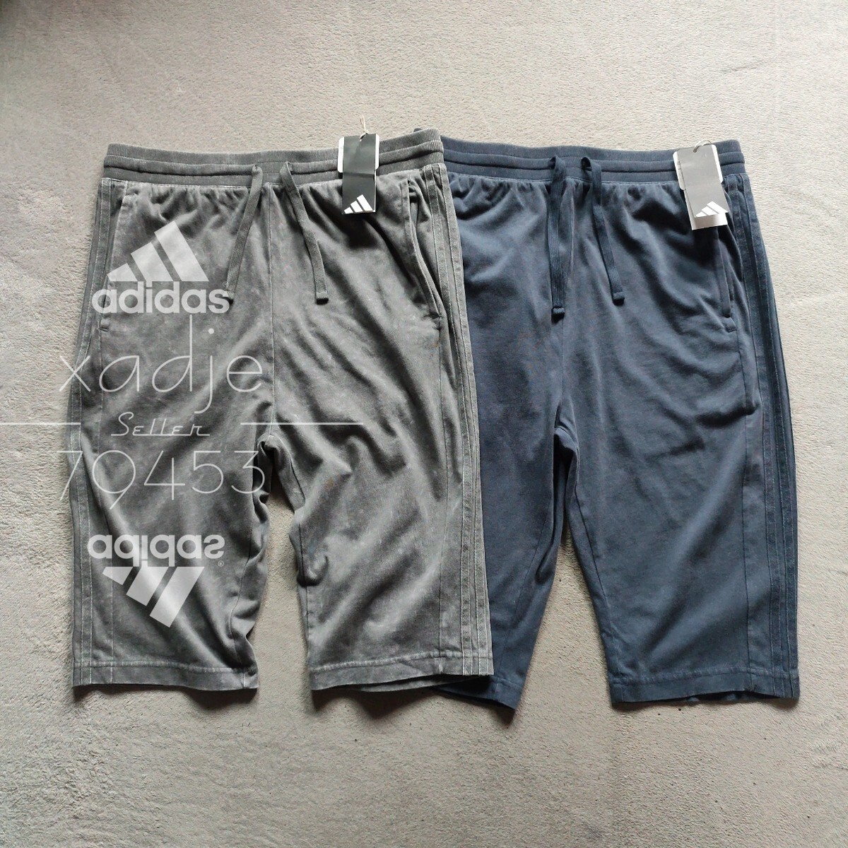 新品 正規品 adidas アディダス 6分丈 クロップド パンツ 2点セット グレー ネイビー ウォッシュ加工 ロゴ刺繍 定価12100円 薄手 XL拍卖