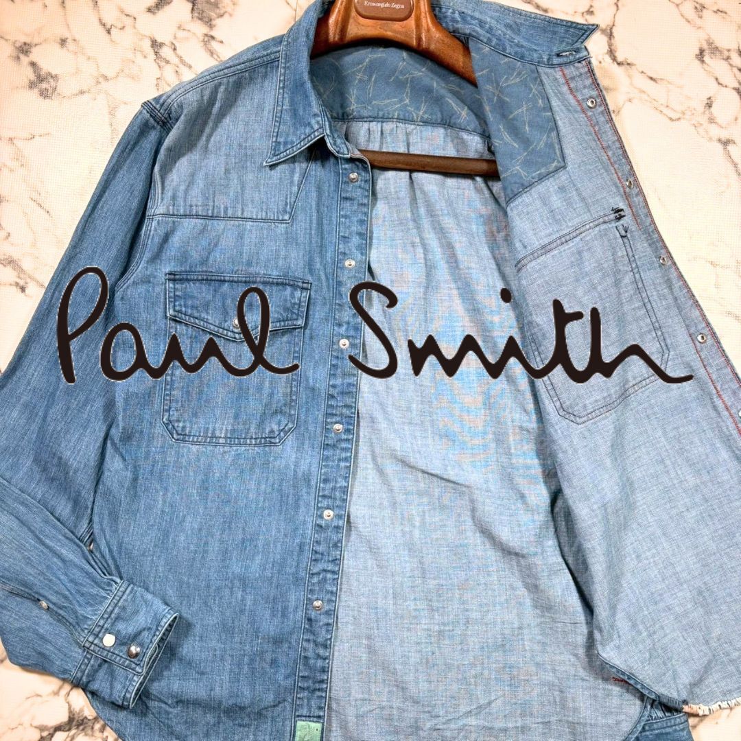 コンチョ釦/裏地総柄(L)●Paul Smith REDEAR ポールスミス デニム 長袖 シャツ ジャケット インディゴ ブルー 青 メンズ 春夏 カバーオール拍卖