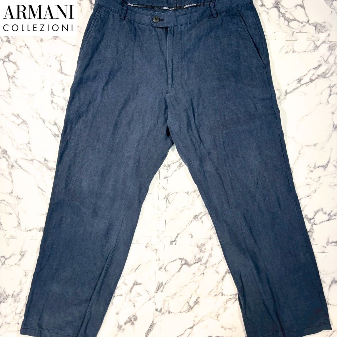 美品/リネン&テンセル/薄手素材/52(L位)●アルマーニ コレツィオーニ スラックス パンツ 薄手 ARMANI COLLEZIONI 麻 ネイビー メンズ 春夏拍卖