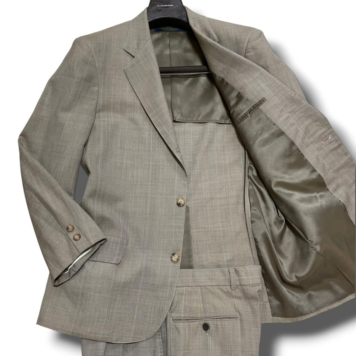 美品 XL リネン Brooks Brothers ブルックスブラザーズ セットアップ スーツ テーラードジャケット グレンチェック 麻 ベージュ メンズ A7拍卖