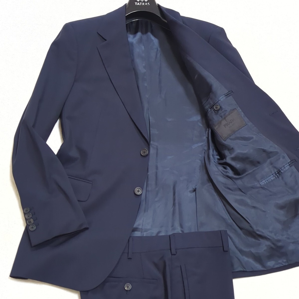 極美品 L相当 PRADA 最高級 モヘヤ混 ヴァージンウール セットアップ スーツ イタリア製 プラダ メンズ ビジネス フォーマル ネイビー 紺50拍卖