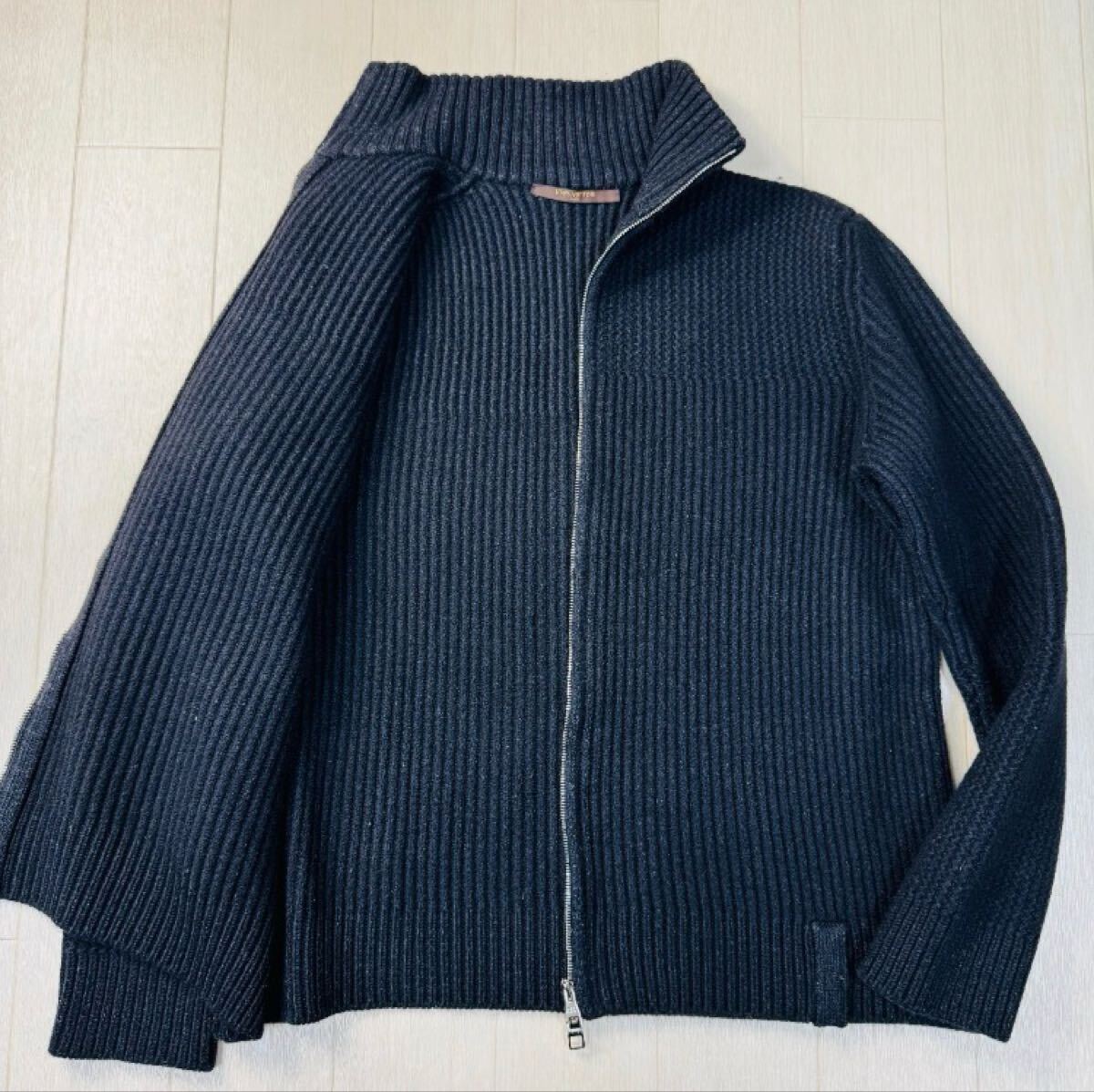 美品/M★ルイヴィトン/LOUIS VUITTON カシミヤ×シルク混 ドライバーズニット ジップブルゾン ウールジャケット 厚手 LV刺繍 メンズ 黒拍卖
