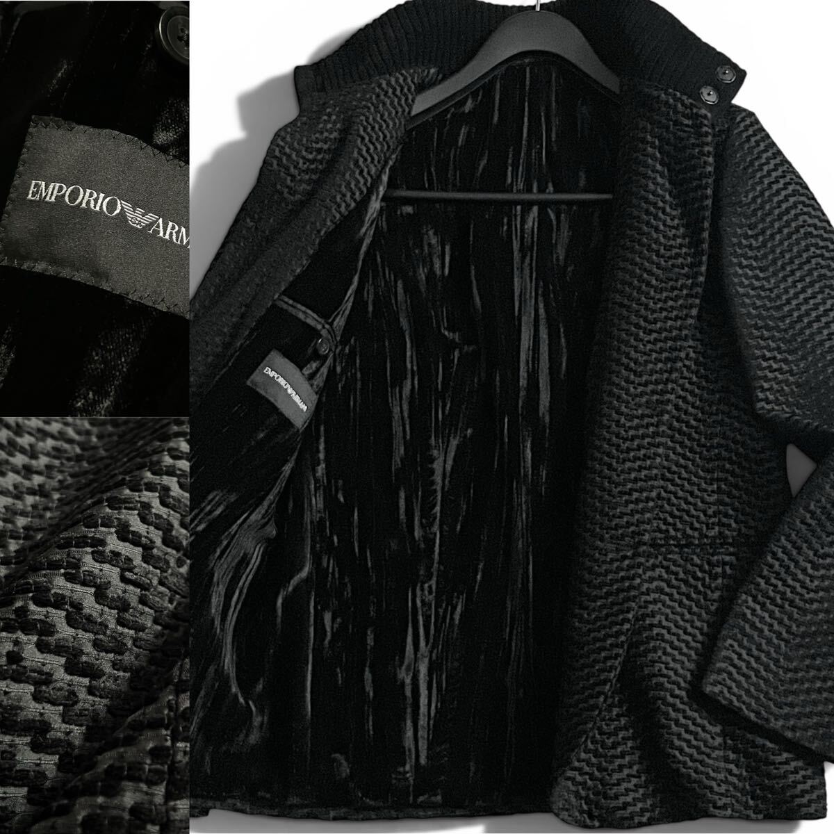 激レア!!約20万↑/凹凸ジャガードエンボス!!●EMPORIO ARMANI エンポリオアルマーニ 内側ベロア ニットジャケット ブラック L相当 size48拍卖