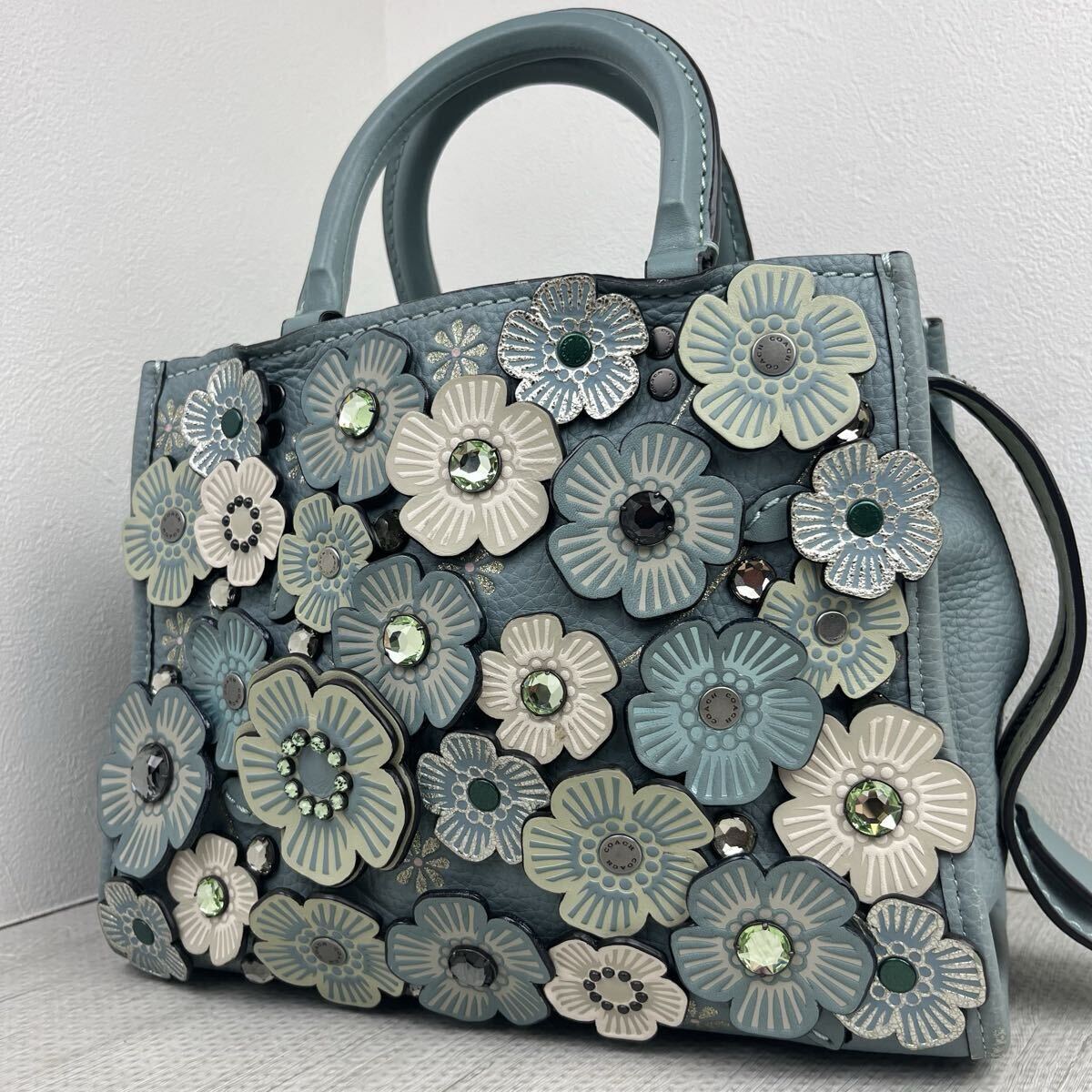 1円 希少 COACH コーチ 35583 ローグ25 ティーローズ レザー ハンドバッグ トートバッグ ライトブルー レディース バッグ 鞄 近年モデル拍卖