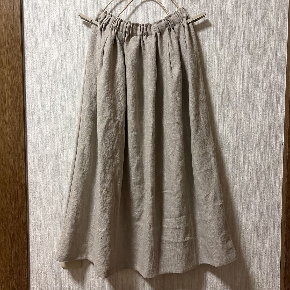 *ハンドメイド*ナチュラル♪ウエストすっきりスカート ベージュ 麻 リネン 麻色 83cm丈拍卖