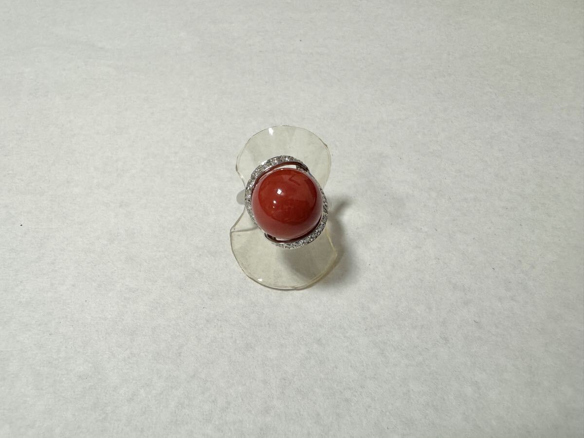 【質屋 尾張屋商店 東京】 ☆鑑別結果付☆ Pt900 天然サンゴ ダイヤモンドリング レディース 13mm #13拍卖