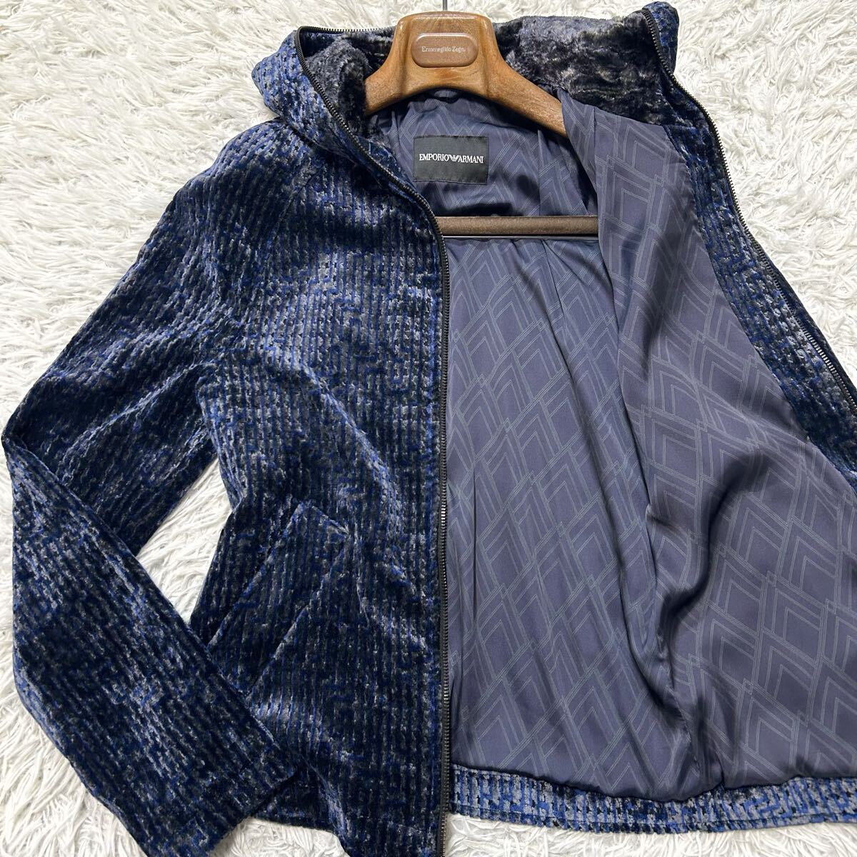 未使用級!!!エンポリオアルマーニ【一流の逸品】EMPORIO ARMANI パーカー ジップアップ ジャケット アウター ネイビー ベロア 総柄 S〜M位拍卖