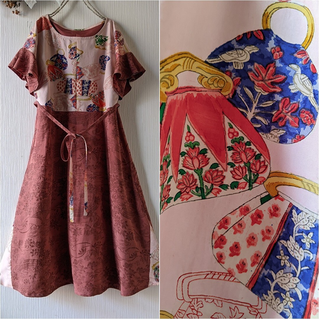布香紡haru_handmade着物リメイク夏羽織からワンピース 昭和レトロバッグ柄 フリルフレンチスリーブ ゆったり涼ドレス 絹 ウエストリボン拍卖