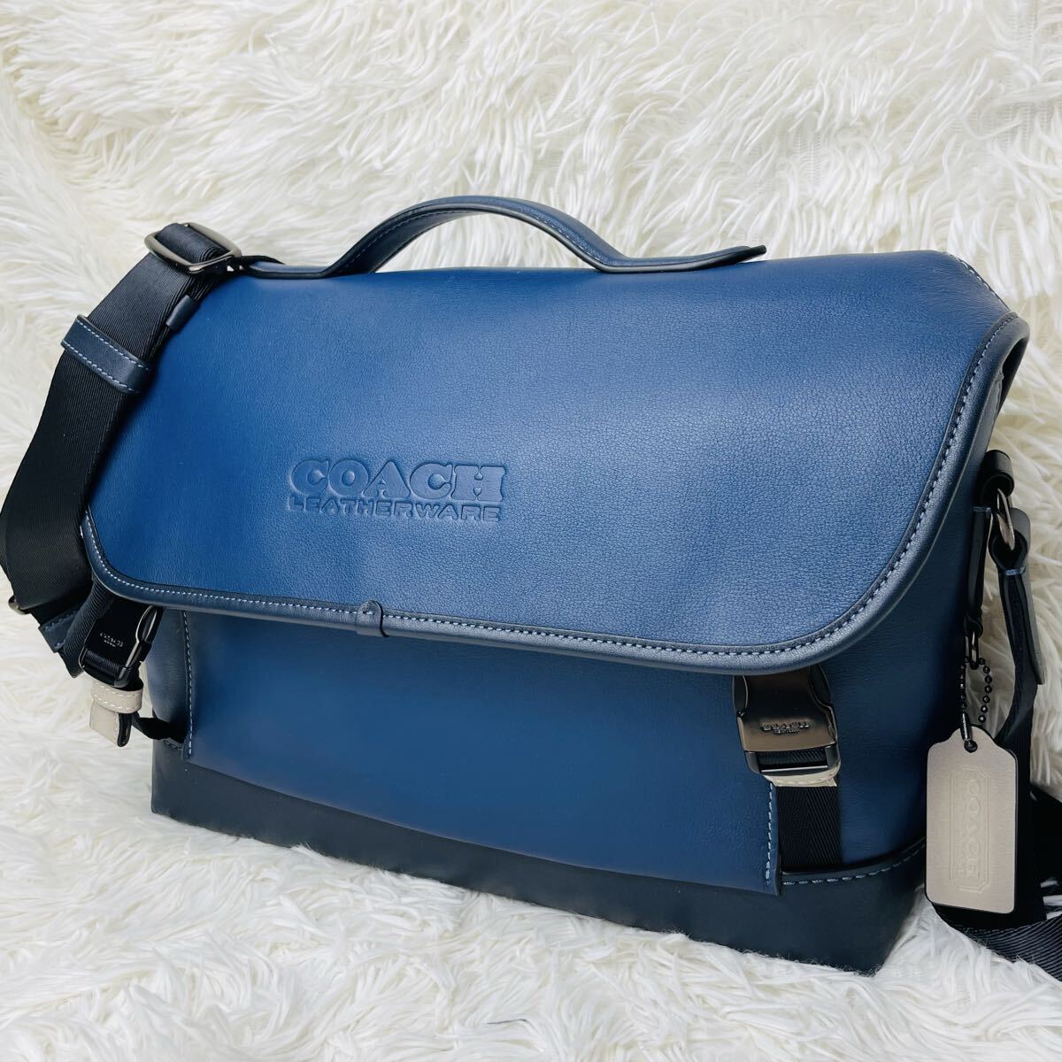 現行近 極美品 COACH コーチ メンズ 2way メッセンジャーバッグ ショルダーバック リーグ バイクバッグ レザー 紺 斜め掛け ビジネス 進出拍卖