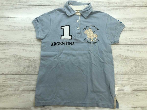 Equi-Thme エクイテーム トラッド スポーツ 乗馬 ワッペン ARGENTINA アルゼンチン代表 鹿の子 半袖 ポロシャツ 水色 S レディース拍卖